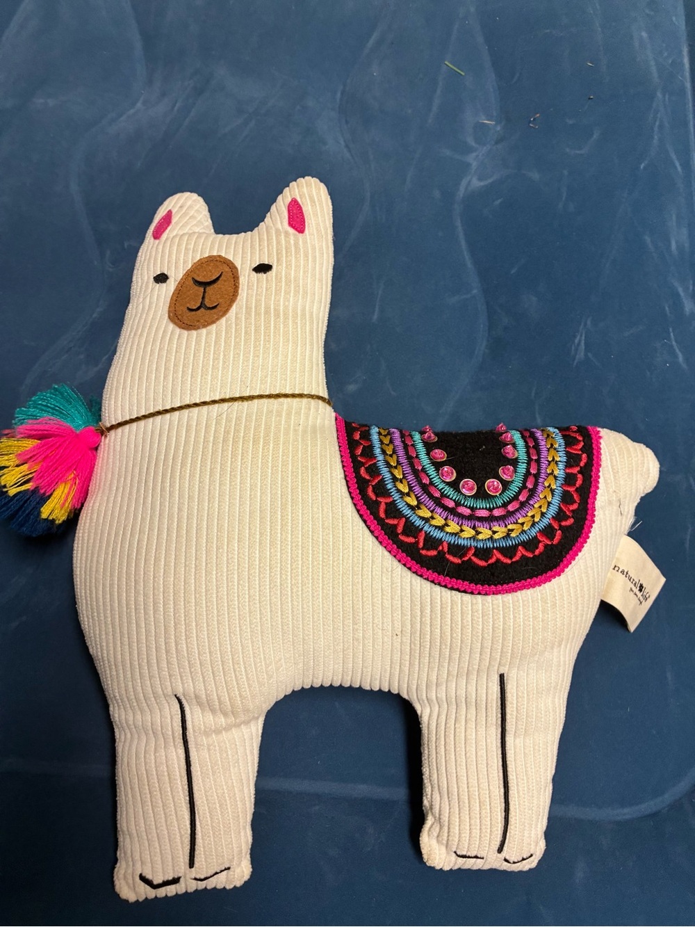 White Llama Plush Pillow with Colorful Embroidered Saddle